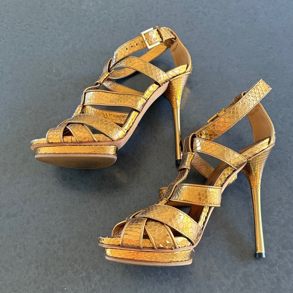 💯 AUTH GUCCI Animal Snake Leather Metallic Gold Bronze Sandals Heels Size 37.5 - Picture 6 of 10